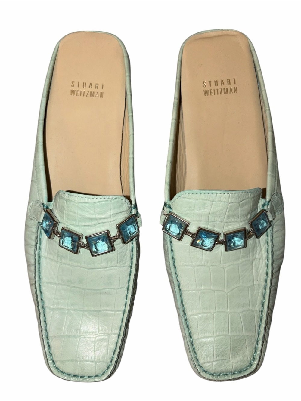Y2K Stuart Weitzman Aqua Croc Embossed Jeweled Mule Loafers 8.5 Resort Square